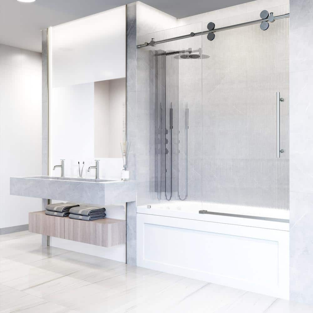Elan Frameless Sliding Tub Door in Stainless Steel with Fluted Glass