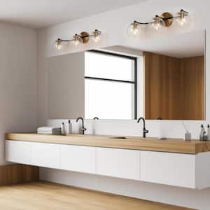 Modern 24.5 in. 3-Light Brass Gold Bathroom Vanity Light, Powder Room Rustic Black Vanity Light Seeded Glass Wall Sconce