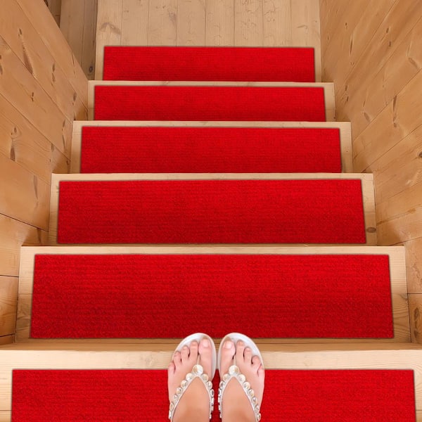 Lifesaver Collection Waterproof Non-Slip Rubberback Solid 8 in. x 30 in. Indoor/Outdoor Stair Treads, 14 Pack, Red