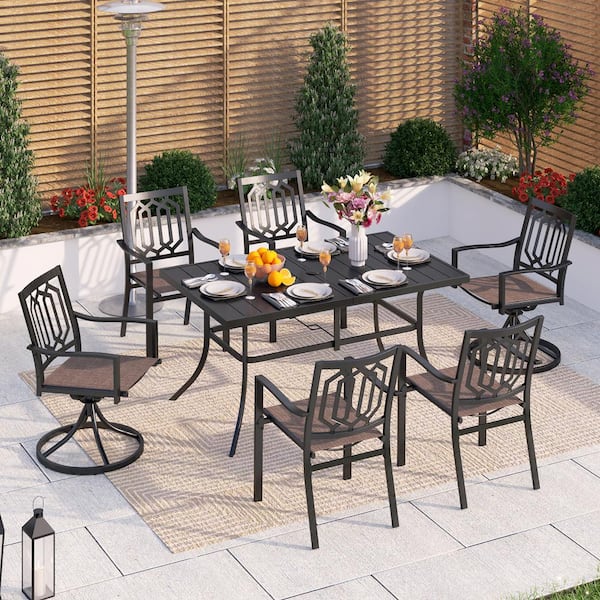 PHI VILLA Black 7-Piece Metal Patio Outdoor Dining Set with Slat ...