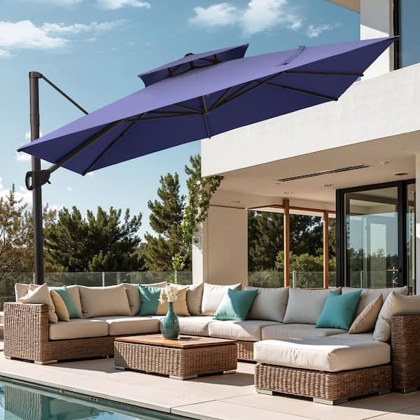 Double Top 10.5 ft. Square High-Quality Aluminum 360° Rotation Tilt Cantilever Patio Umbrella in Navy Blue for Outdoor