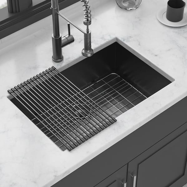 28 in. Undermount Single Bowl 16-Gauge Gunmetal Black Stainless Steel Kitchen Sink with Bottom Grids