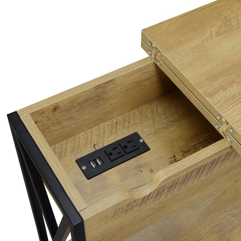 English Oak and Black Rectangular Wood Metal End Table with Storage