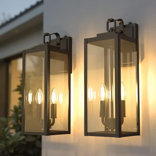 2-Pack Black Lantern Outdoor Wall Sconce with Motion Sensor and Clear Glass, E26 Base, IP23, No Bulbs Included