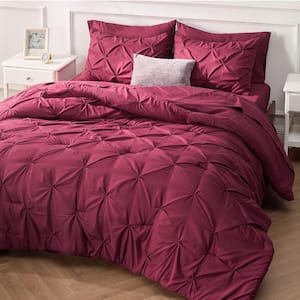 King Size Comforter Set 7 Pieces, Pintuck Bed in a Bag with Comforter, Bed Sheet, Pillowcases and Shams, Burgundy