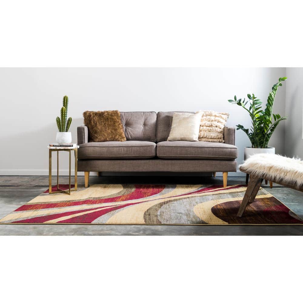 9' x 12' Beige and Burgundy Abstract Area Rug