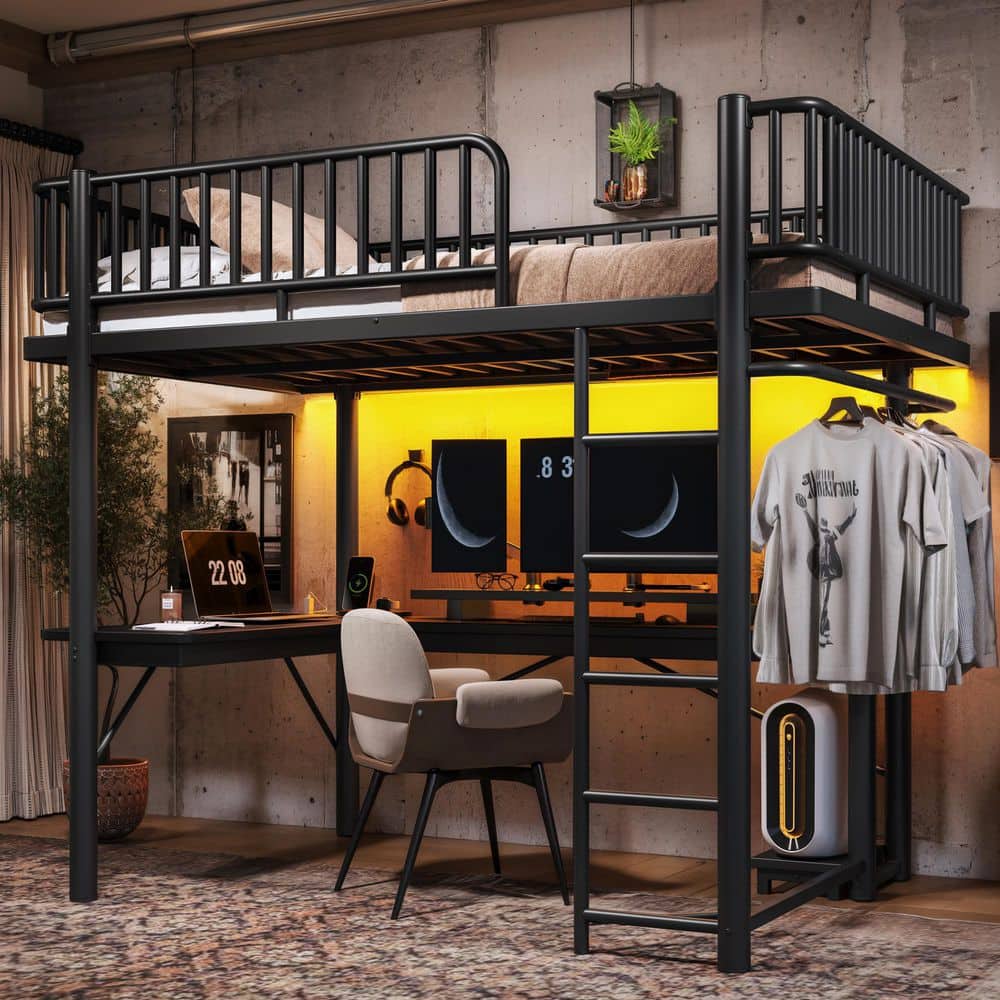 Black Full Loft Bed with L-Shaped Desk,Computer Mainframe Tray and Hanging Area price history on PriceWatchPro