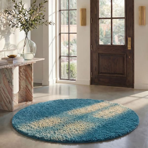 August Shag 3 ft. x 3 ft. Round Turquoise Solid Color Area Rug