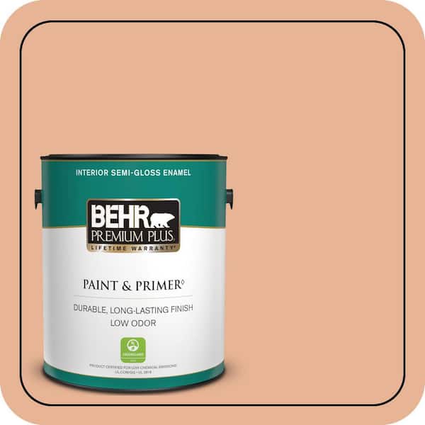 BEHR PREMIUM PLUS 1 gal. #M210-4 Peach Shortcake Semi-Gloss Enamel Low Odor Interior Paint & Primer