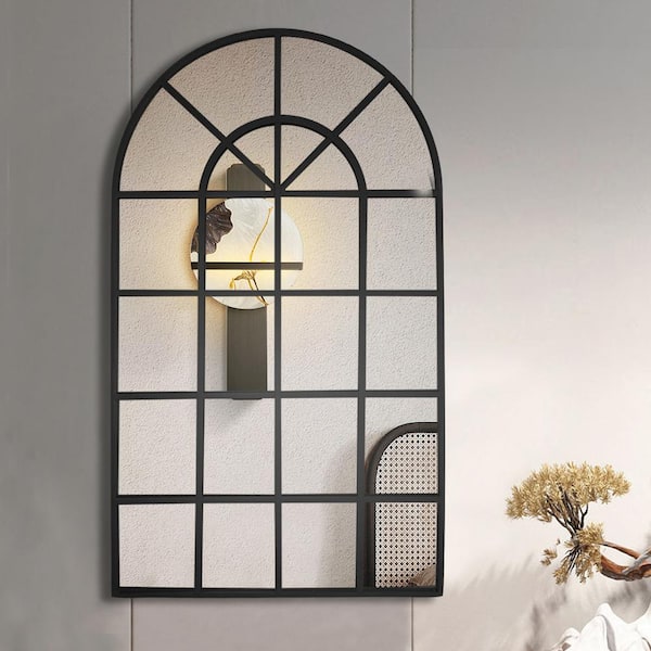 CLAVIE 24 in. W x 41 in. H Large Arched Window Mirror Metal Framed Wall Bathroom Vanity Mirror Arched Mirror in Black