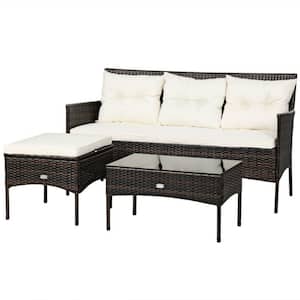 3-Piece Wicker Outdoor Sectional Conversation Set with 5 White Seat and Back Cushions