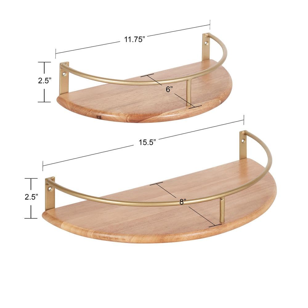 Natural Wood and Gold Floating Semi-Circle Wall Shelves