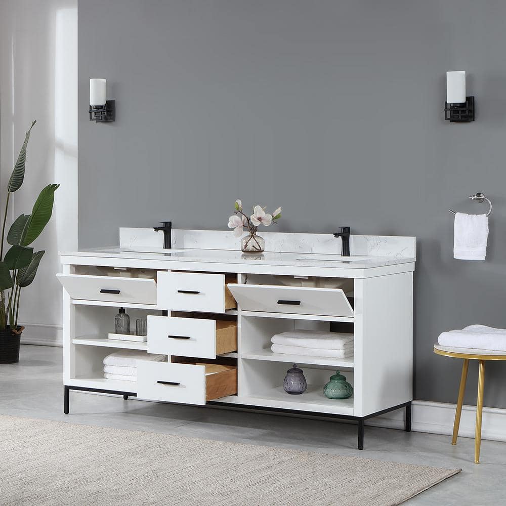 Kesia 72" Minimalist Double Bathroom Vanity with Carrara White Top