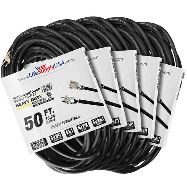 LifeSupplyUSA 50 ft. 10-Gauge/3-Conductors SJTW Indoor/Outdoor Extension Cord with Lighted End Black (5-Pack)