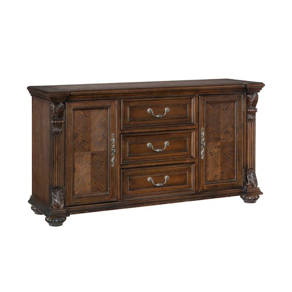 Benjara Brown Wood Top 19 in. Sideboard with 3-Drawers and Ornate Carvings