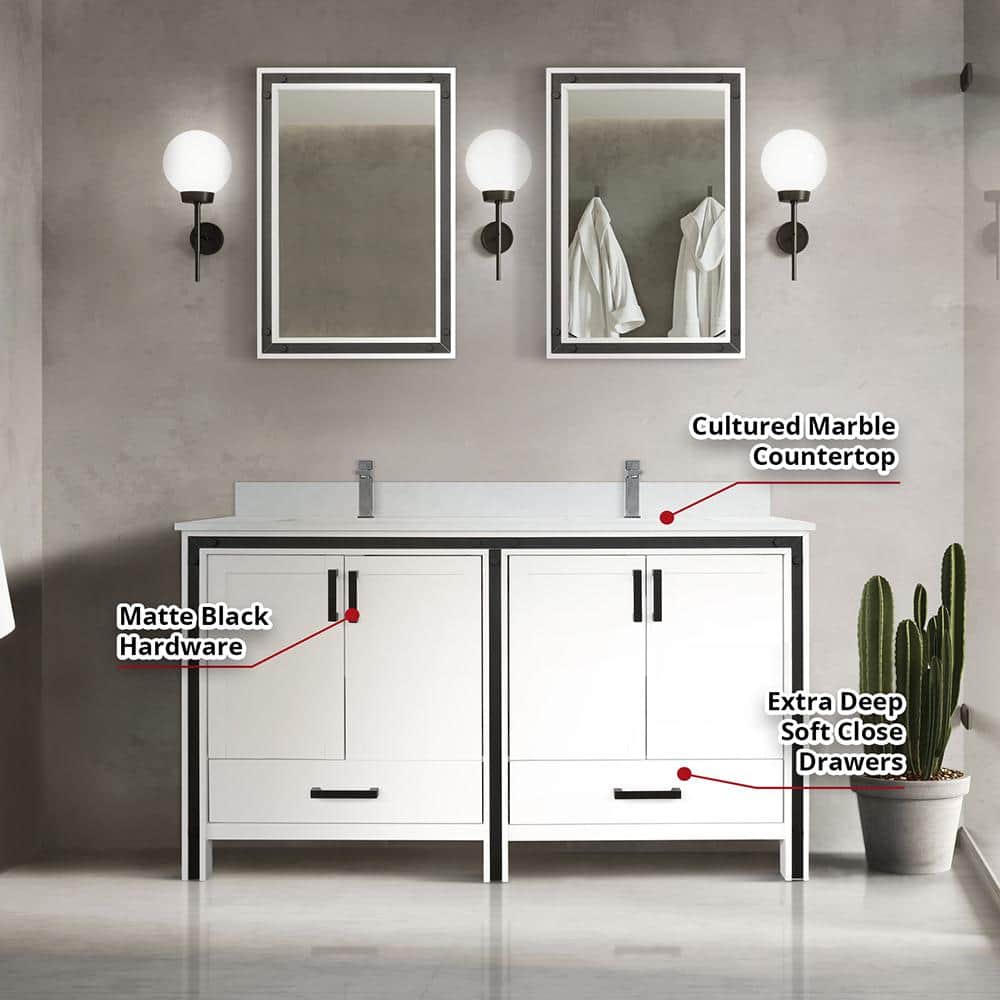 Ziva 60" White Freestanding Double Bathroom Vanity