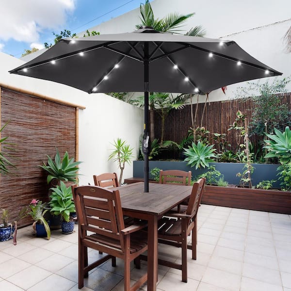 Sonkuki 7.5 ft. Market Solar Lighted LED Crank and Tilt Patio Umbrella, Table Umbrellas, UV-Resistant Canopy in Anthracite Gray