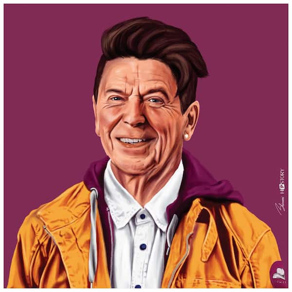 Empire Art Direct "Hip Ronald Reagan" Multi-color Free Floating Reverse Unframed Printed Tempered Art Glass Wall Art 24 in. x 24 in.