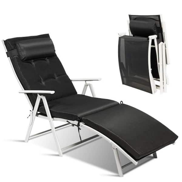 Clihome Metal Outdoor Lightweight Folding Chaise Lounge Chair with Black Cushions