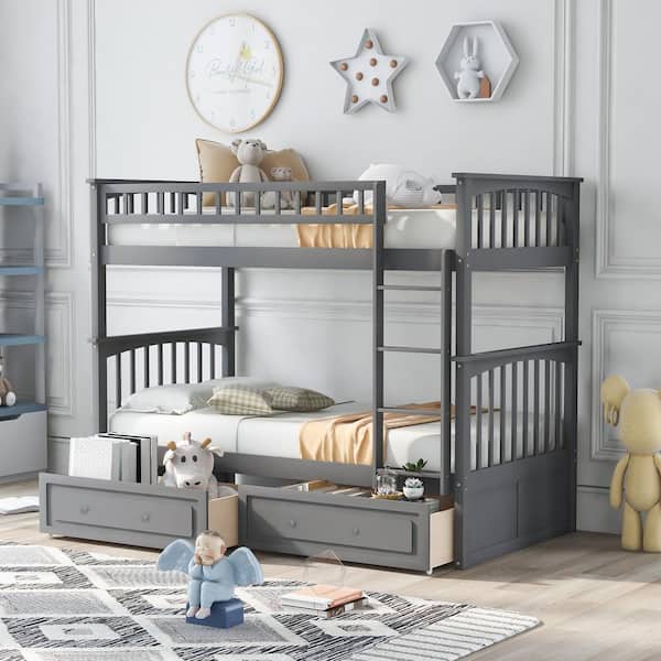 Polibi Gray Twin Over Twin Bunk Bed with Drawers, Convertible Beds