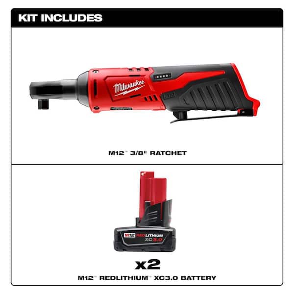 M12 12V Lithium-Ion Cordless 3/8 in. Ratchet with 3.0 Ah Battery Pack (2-Pack)