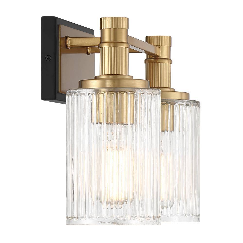 Matte Black and Warm Brass 2-Light Ribbed Glass Vanity Light