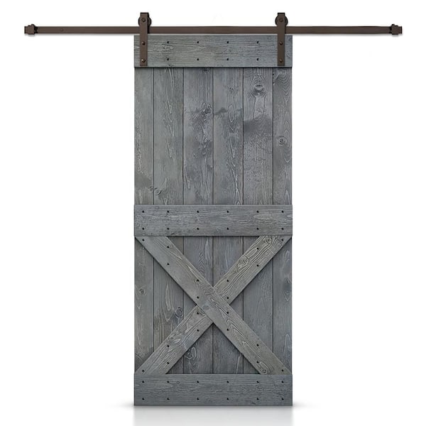 CALHOME Mini X 24 in. x 84 in. Gray Stained DIY Wood Interior Sliding Barn Door with Hardware Kit