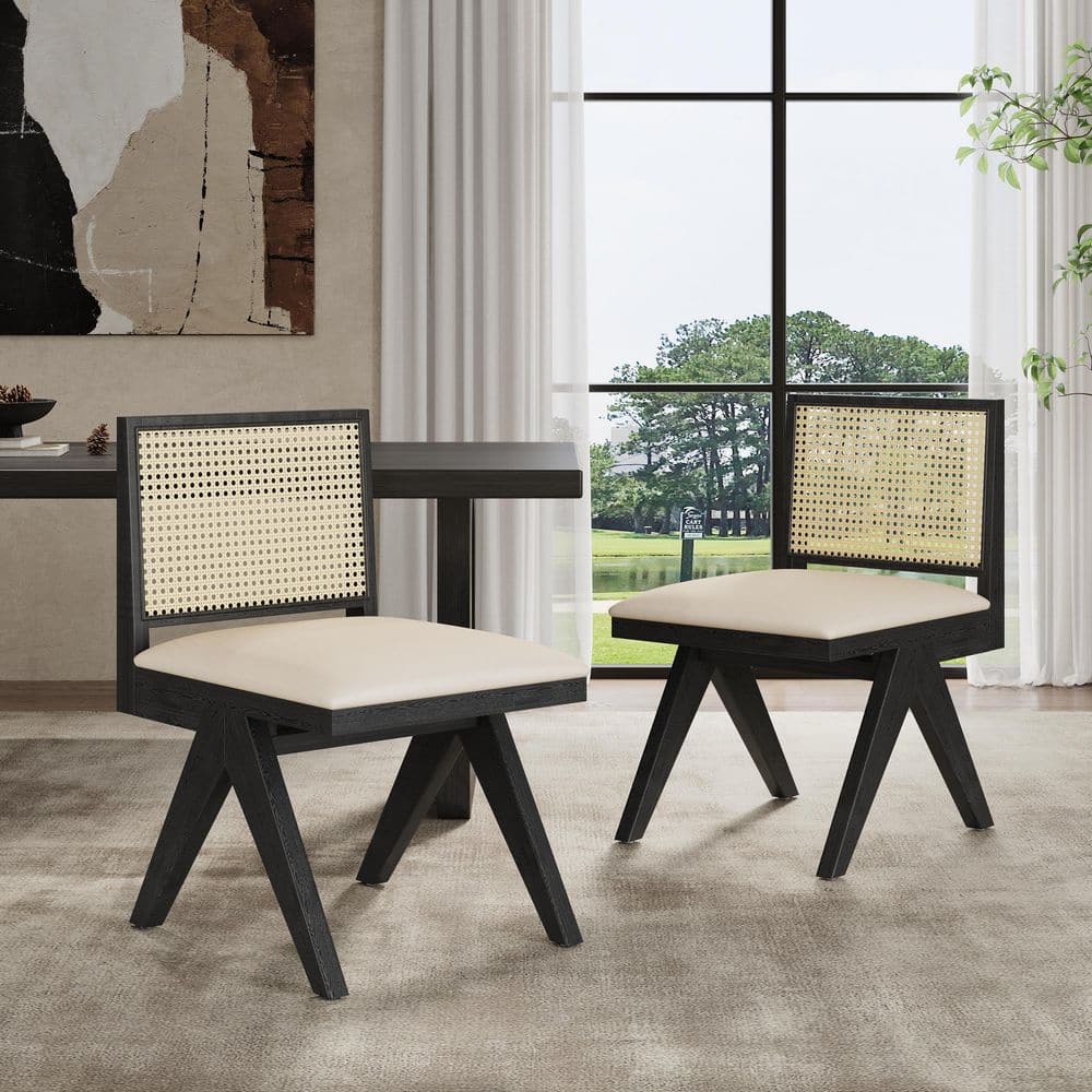 Black Solid Wood and Cane Upholstered Side Chair Set