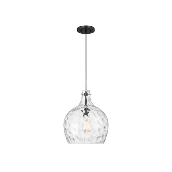 Meridian 12.75 in. W x 15 in. H 1-Light Matte Black Coastal Pendant Light with Hammered Glass Shade, No Bulb Included