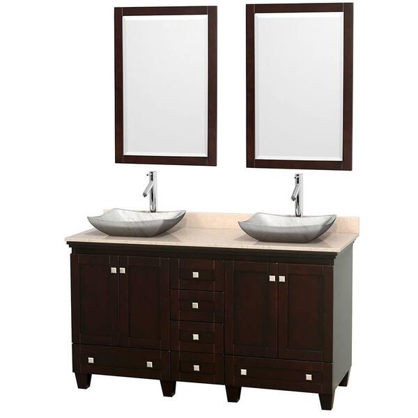 Wyndham Collection Acclaim 60 in. W Double Vanity in Espresso with Marble Vanity Top in Ivory, White Carrara Sinks and 2 Mirrors