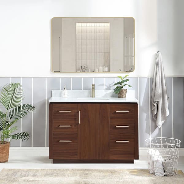 ROSWELL San 48 in.W x 22 in.D x 33.8 in.H Single Sink Bath Vanity in Natural Walnut with White Composite Stone Top