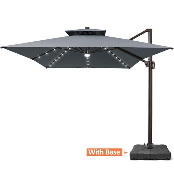 Double Top 13 ft. x 10 ft. 360° Swivel Solar LED Lighted Cantilever Patio Umbrella in Gray with 220 lbs. Umbrella Base