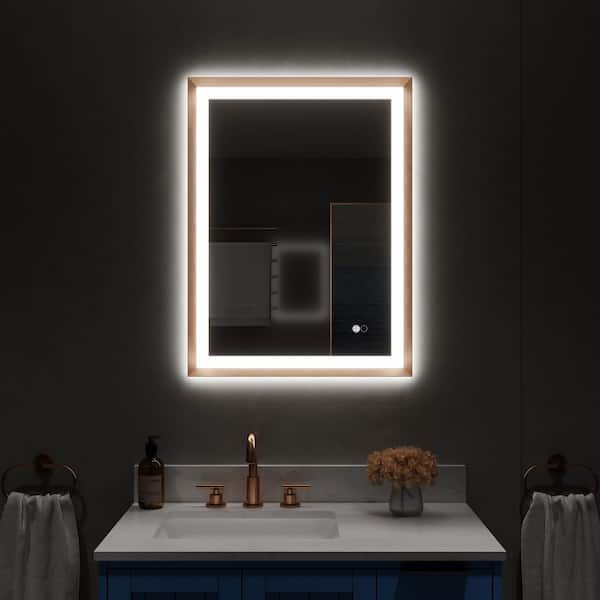 ANGELES HOME 24 in. W x 32 in. H Rectangular Framed Dimmable Defogging Front Backlit LED Light Bathroom Vanity Mirror in Brushed Gold