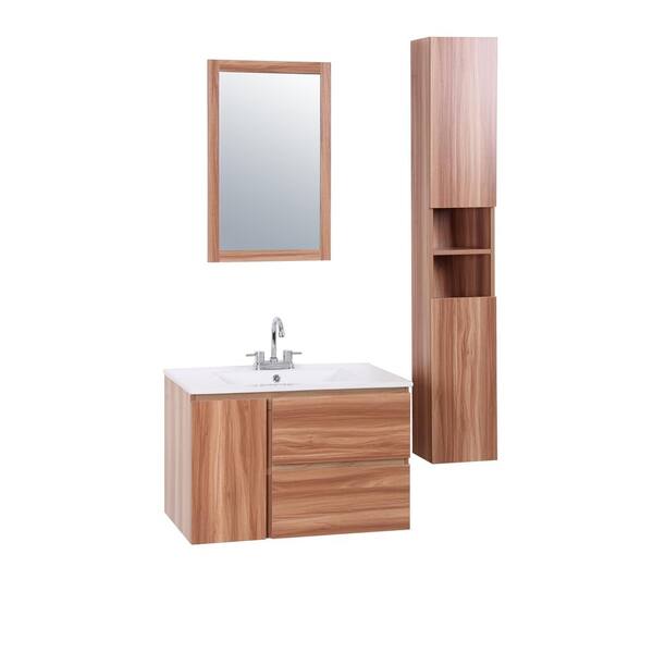 Decor Living Hanna 30 in. W x 18 in. D Floating Vanity in Light Walnut with Vitreous China Vanity Top in White and Mirror