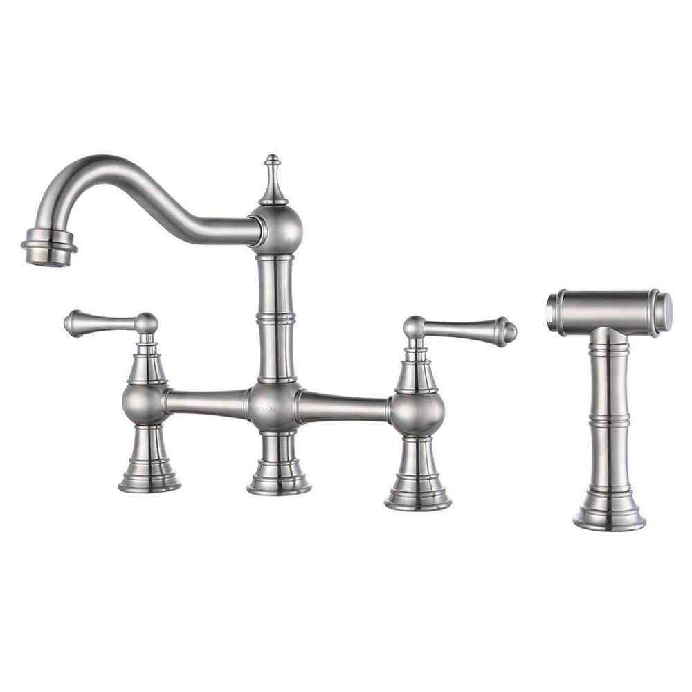 WOWOW Classic Double-Handle Bridge Kitchen Faucet with Side Sprayer in ...