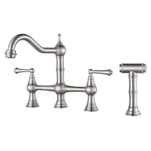 Classic Double-Handle Bridge Kitchen Faucet with Side Sprayer in Brushed Nickel