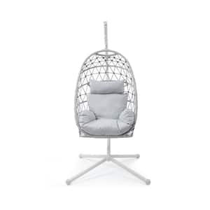 3.61 ft. Rope Rattan Free Standing Swing Egg Chair Hanging Hammock Chair in White with Stand, White Cushion and Headrest