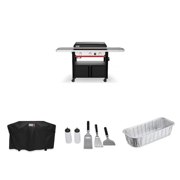 Slate Griddle 3-Burner 30 in. Flat Top Grill with Cover, Essential Set and Grill Drip Pans Combo (10-Pack)