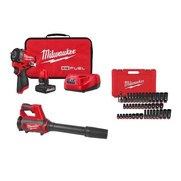M12 FUEL 12V Stubby 3/8 in. Impact Wrench Kit w/ M12 12V Compact Spot Blower w/ 43-pc 3/8 in. SAE/Metric Sockets