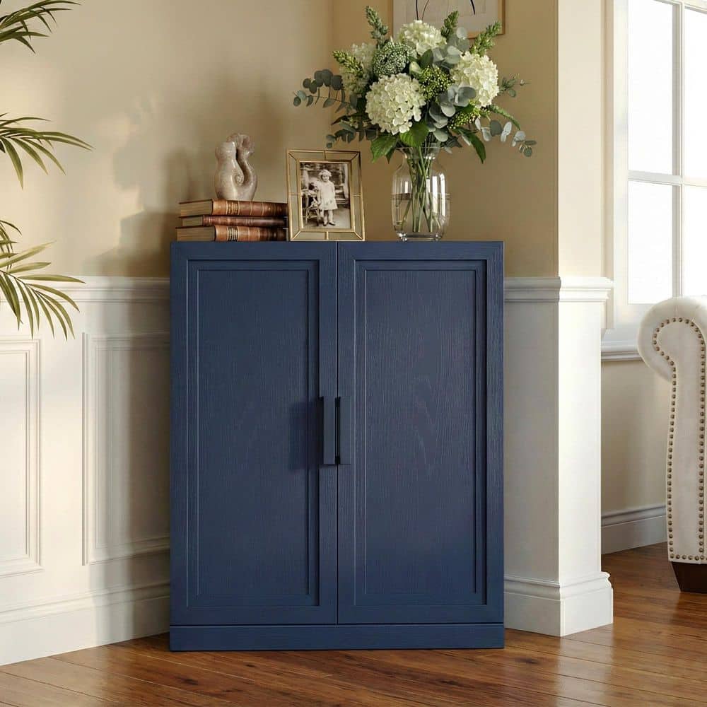 Dark Blue Wooden 31 in. Storage Cabinet with Adjustable Shelves China Cabinet Display Cabinet