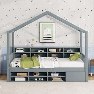 Gray Twin Size Wooden House Bed with Multiple Storage Shelves, Mini Cabinet with Door