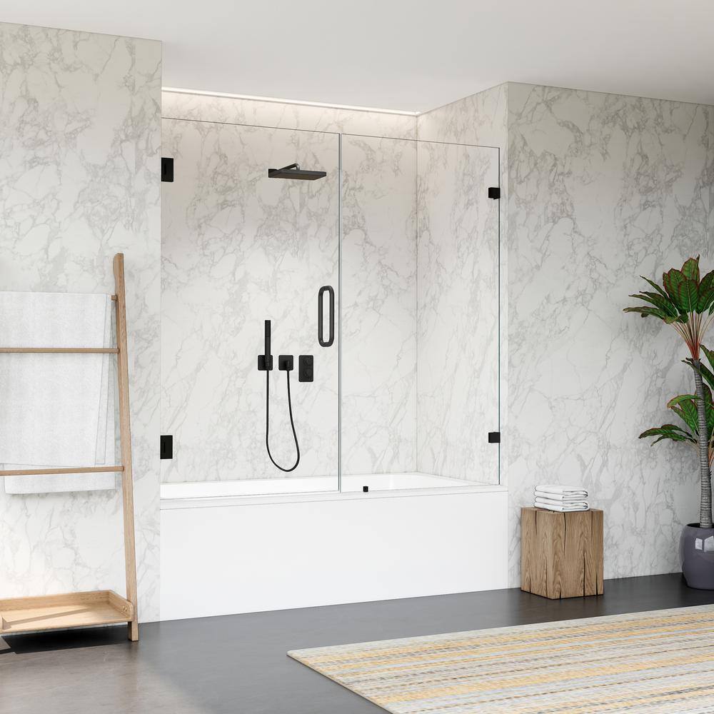 60" Matte Black Frameless Hinged Tub Door with Clear Glass