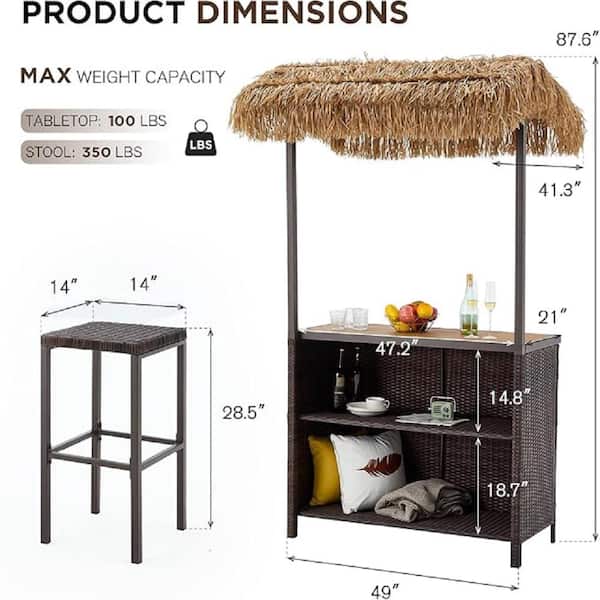Polar Aurora 3PCS Patio Bar Set With Stools And Glass Top Table Patio Wicker Outdoor Furniture With Beige Removable Cushions For Backyards, Porches, Gardens Or Poolside