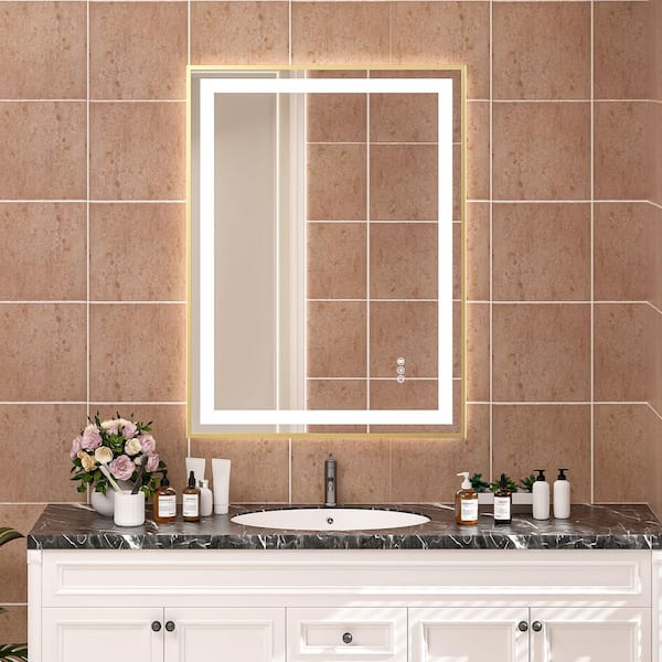 28 in. W x 36 in. H Rectangular Framed LED Anti-Fog Wall Bathroom Vanity Mirror, Tempered Glass, Backlit and Front Light
