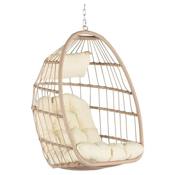Amucolo Modern Outdoor Garden Wood Rattan Egg Swing Chair Hanging Chair Porch Swing with Khaki Cushion