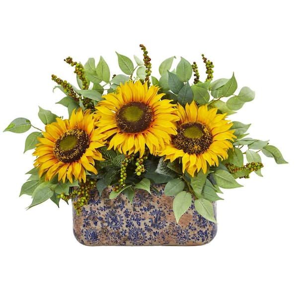 Nearly Natural Indoor Sunflower and Mixed Greens Artificial Arrangement in Vase