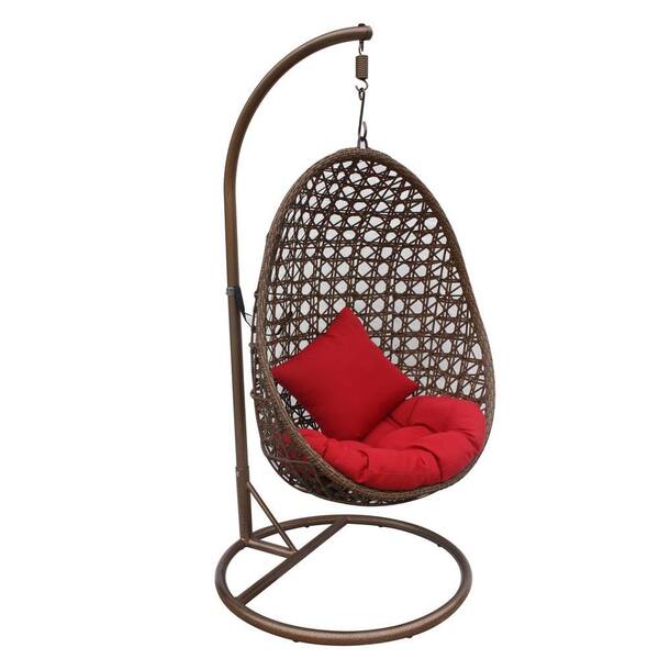 JLIP Brown Rattan Patio Swing Chair with Stand and Red Cushions