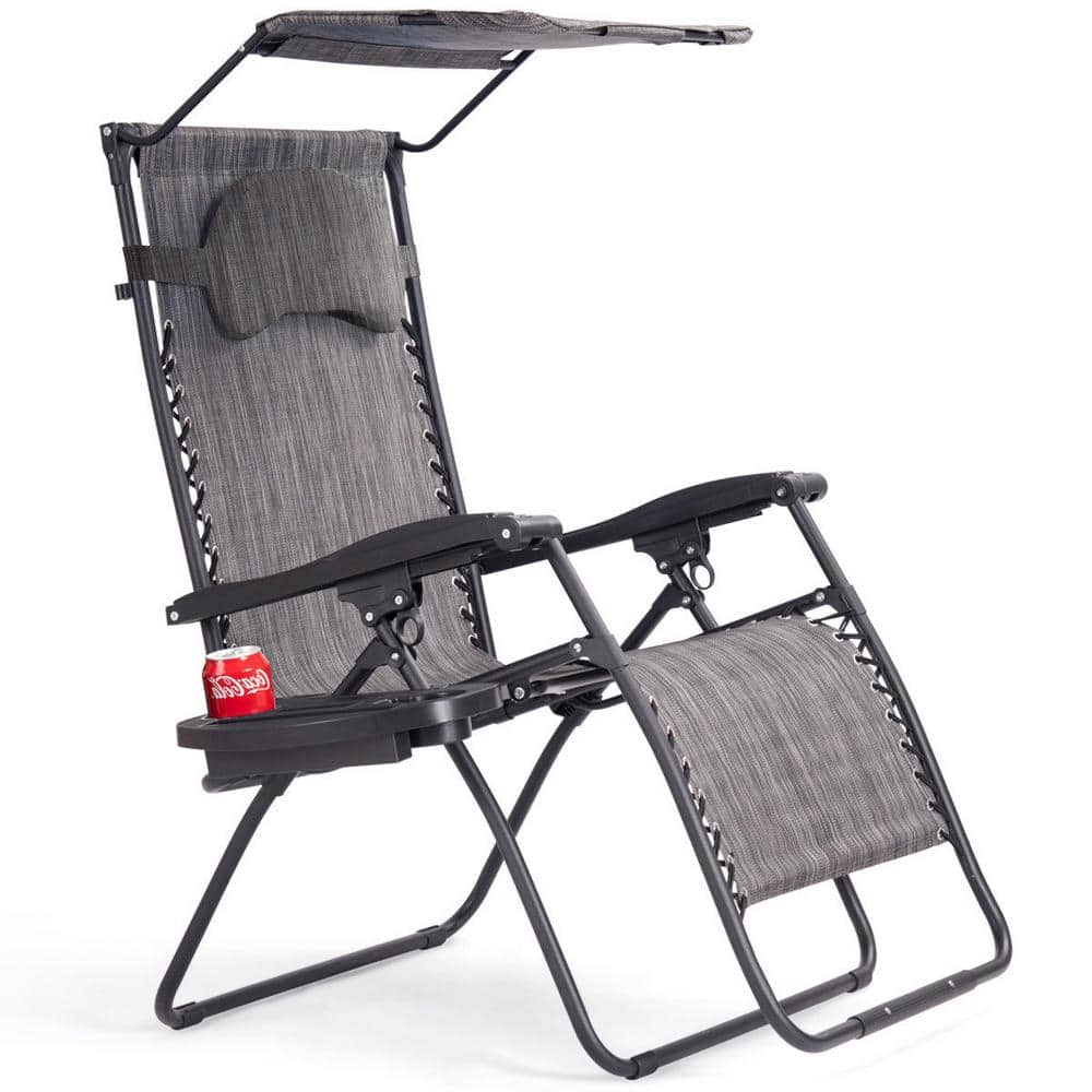 Folding Metal Outdoor Lounge Chair with Gray Shade Canopy Cup Holder