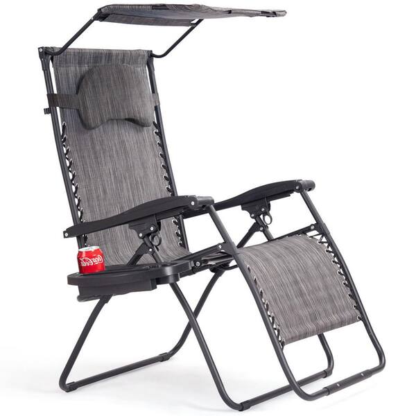 Unbranded Folding Metal Outdoor Lounge Chair with Gray Shade Canopy Cup Holder