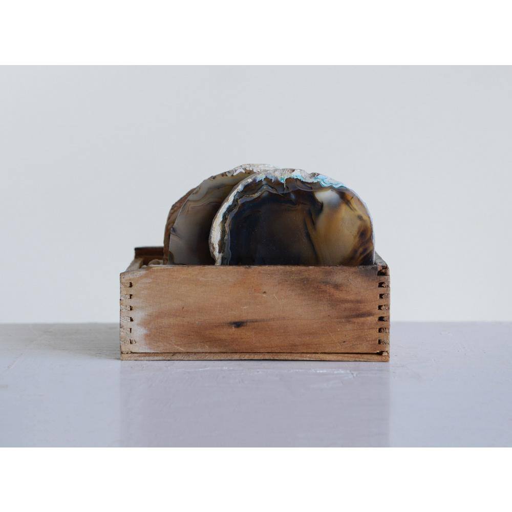 Natural Brown Agate Stone Coaster Set with Wooden Holder